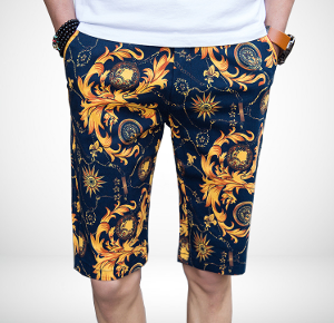 Antique Navy Blue Gold Floral Luxury Chino Mens Shorts